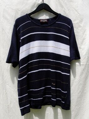 VINTAGE Pierre Cardin Lurex Striped Navy Knit T-shirt St. Tropez Italian Made